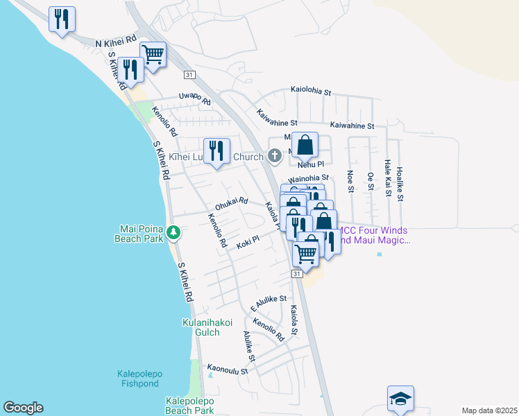 map of restaurants, bars, coffee shops, grocery stores, and more near 194 Ohukai Road in Kihei