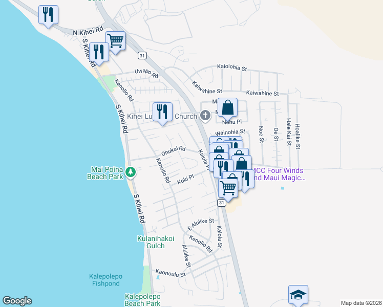 map of restaurants, bars, coffee shops, grocery stores, and more near 186 Ohukai Road in Kihei