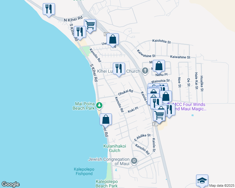 map of restaurants, bars, coffee shops, grocery stores, and more near 95 Ohukai Road in Kihei