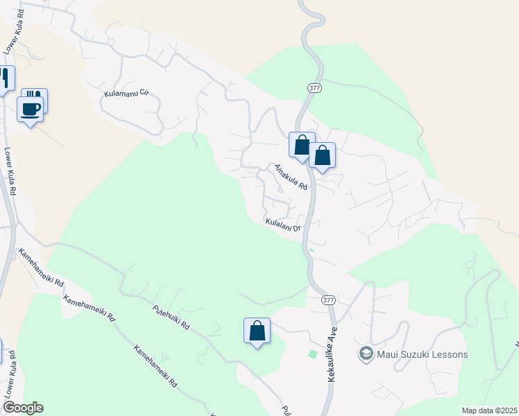 map of restaurants, bars, coffee shops, grocery stores, and more near 174 Kulalani Drive in Kula