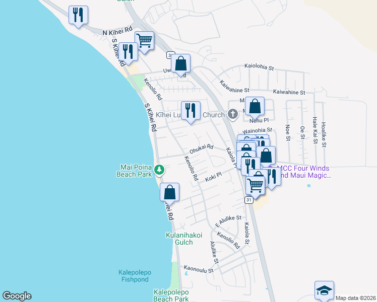 map of restaurants, bars, coffee shops, grocery stores, and more near 95 Ohukai Road in Kihei