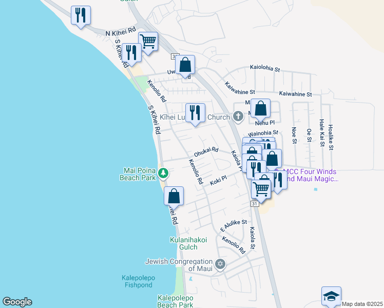 map of restaurants, bars, coffee shops, grocery stores, and more near 95 Ohukai Road in Kihei