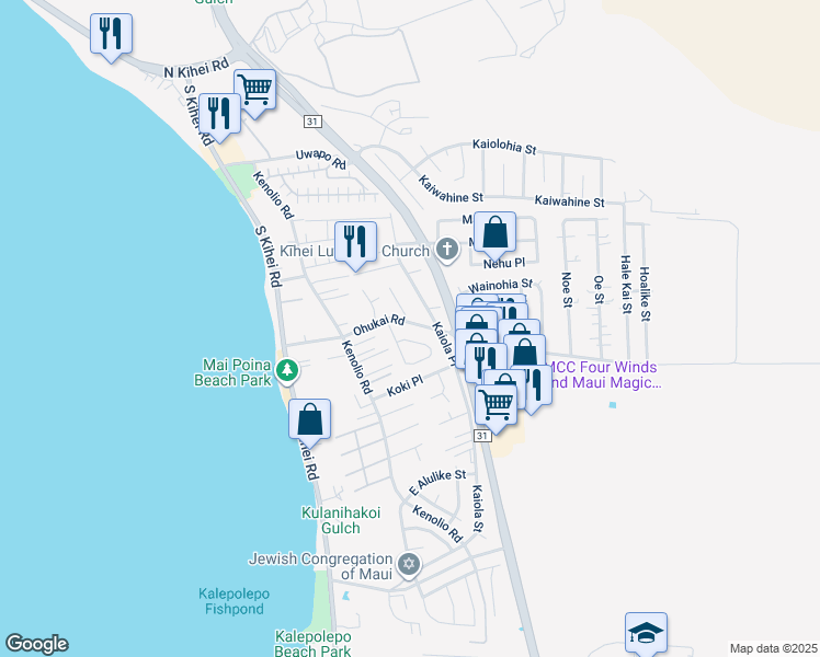 map of restaurants, bars, coffee shops, grocery stores, and more near 178 Ohukai Road in Kihei