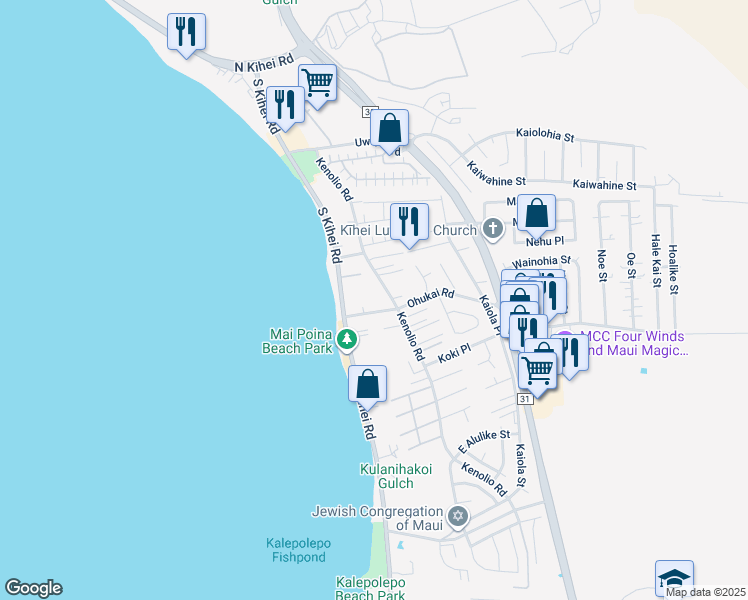 map of restaurants, bars, coffee shops, grocery stores, and more near 47 Ohukai Road in Kihei