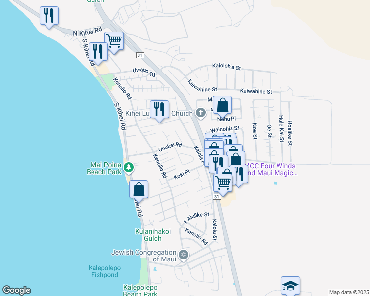 map of restaurants, bars, coffee shops, grocery stores, and more near 178 Ohukai Road in Kihei