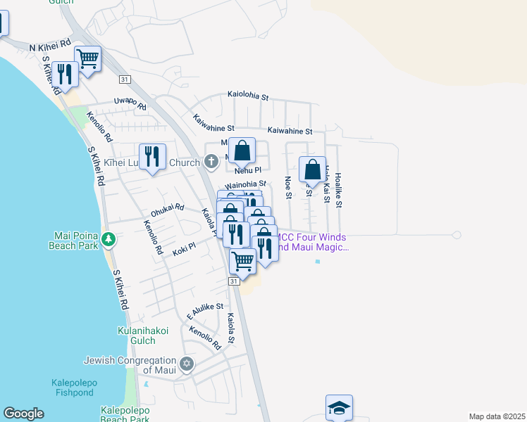map of restaurants, bars, coffee shops, grocery stores, and more near 319 Huaka Street in Kihei
