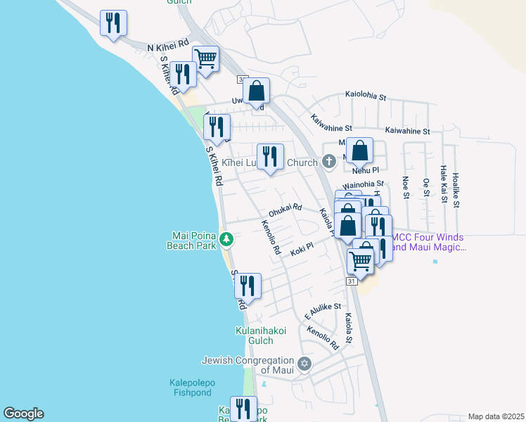 map of restaurants, bars, coffee shops, grocery stores, and more near 349B Kenolio Road in Kihei