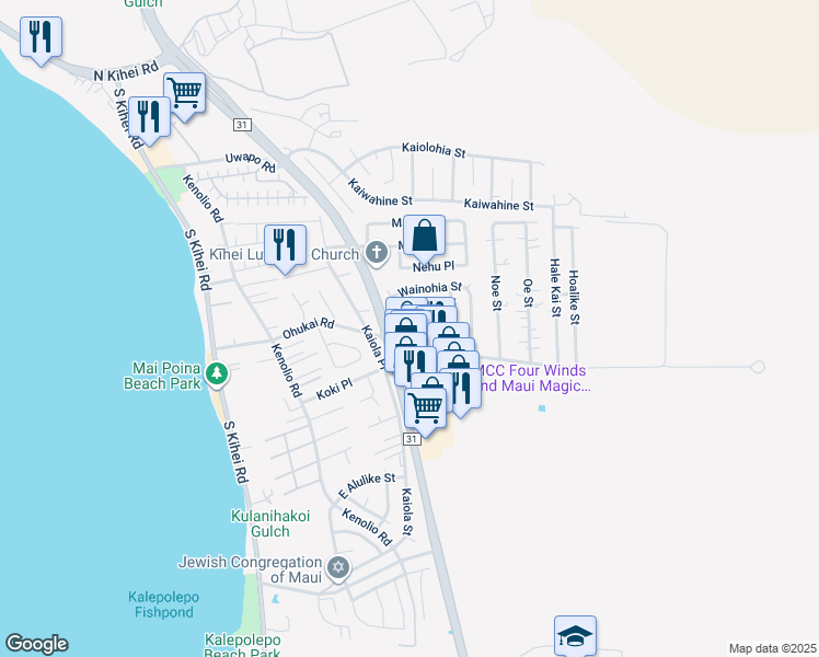 map of restaurants, bars, coffee shops, grocery stores, and more near 270 Palanehe Street in Kihei