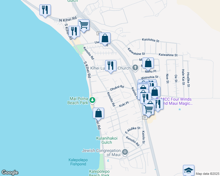 map of restaurants, bars, coffee shops, grocery stores, and more near 321 Kenolio Road in Kihei