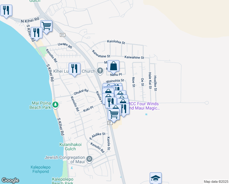 map of restaurants, bars, coffee shops, grocery stores, and more near 287 Palanehe Street in Kihei