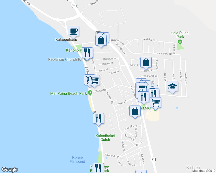 map of restaurants, bars, coffee shops, grocery stores, and more near 321 Kenolio Road in Kihei