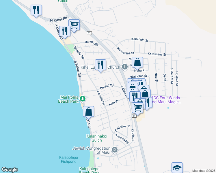 map of restaurants, bars, coffee shops, grocery stores, and more near 308 Kinaole Circle in Kihei