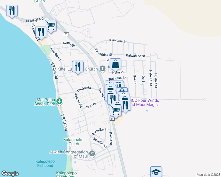 map of restaurants, bars, coffee shops, grocery stores, and more near 268 Palanehe Street in Kihei