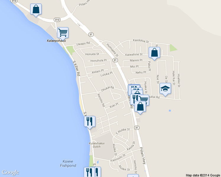 map of restaurants, bars, coffee shops, grocery stores, and more near 311 Kinaole Circle in Kihei