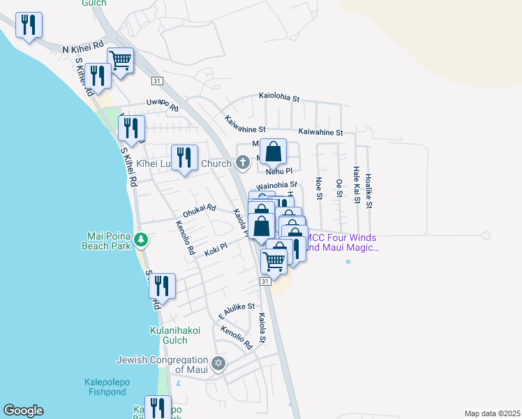 map of restaurants, bars, coffee shops, grocery stores, and more near 268 Palanehe Street in Kihei