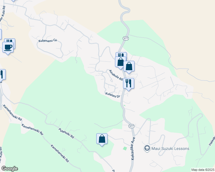 map of restaurants, bars, coffee shops, grocery stores, and more near 34 Kulalani Circle in Kula