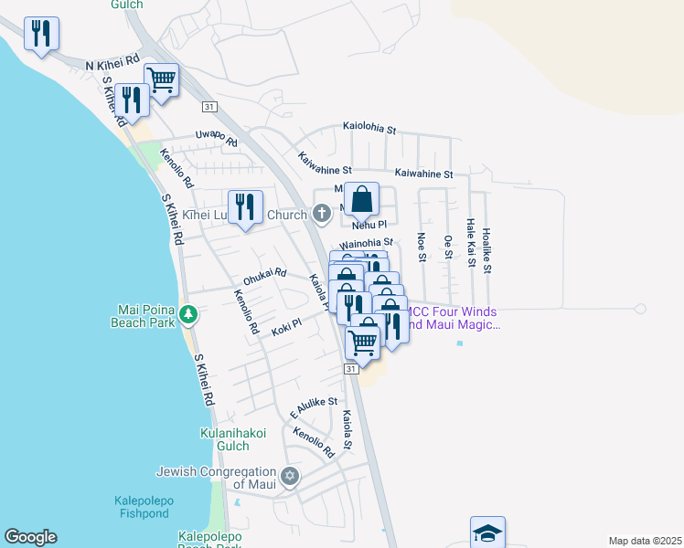 map of restaurants, bars, coffee shops, grocery stores, and more near 264 Palanehe Street in Kihei