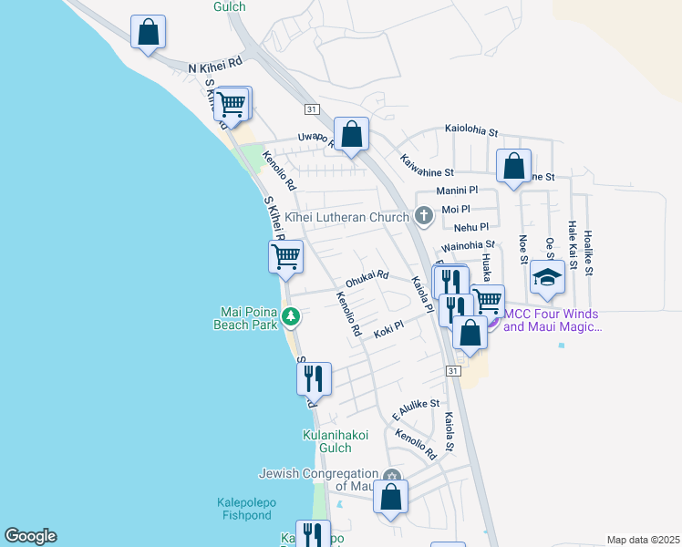 map of restaurants, bars, coffee shops, grocery stores, and more near 317 Kenolio Road in Kihei