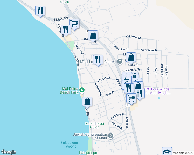 map of restaurants, bars, coffee shops, grocery stores, and more near 317 Kenolio Road in Kihei