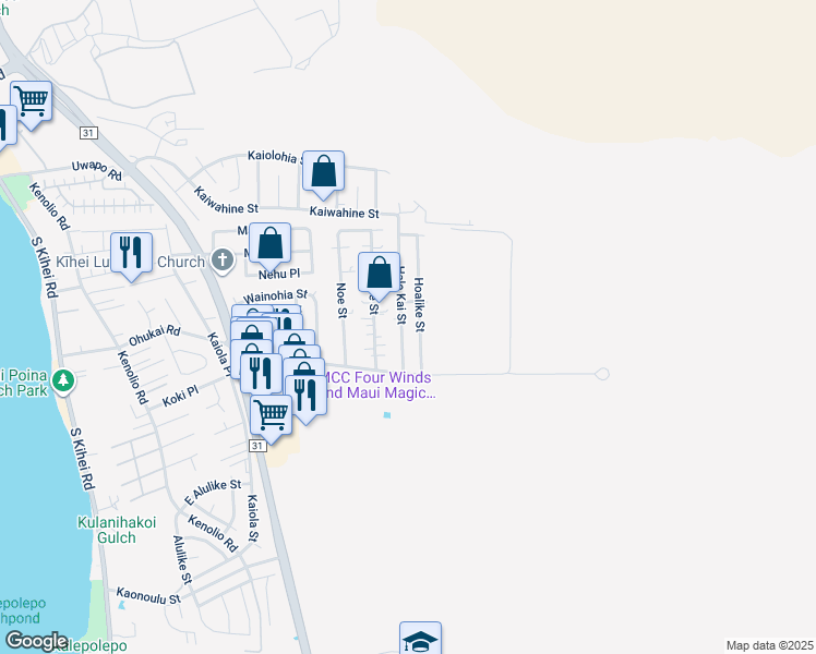 map of restaurants, bars, coffee shops, grocery stores, and more near 313 Hale Kai Street in Kihei