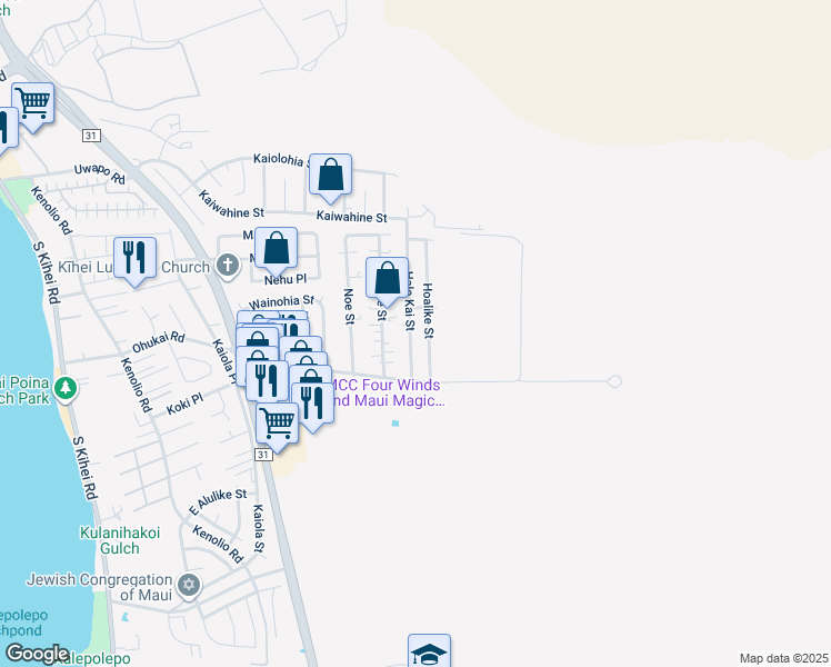 map of restaurants, bars, coffee shops, grocery stores, and more near 313 Hale Kai Street in Kihei