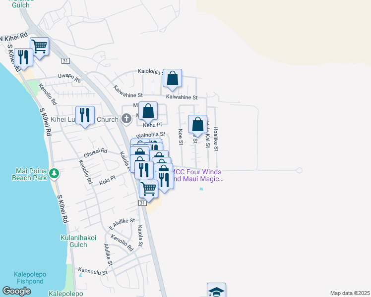 map of restaurants, bars, coffee shops, grocery stores, and more near 284 Oe Street in Kihei