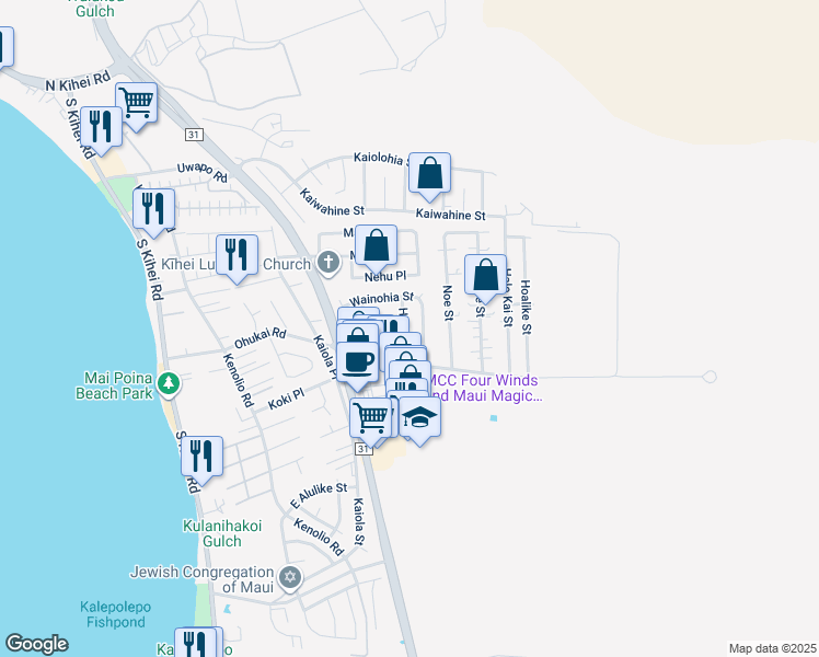 map of restaurants, bars, coffee shops, grocery stores, and more near 307 Huaka Street in Kihei