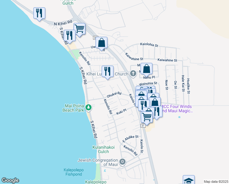 map of restaurants, bars, coffee shops, grocery stores, and more near 135 Ohukai Road in Kihei