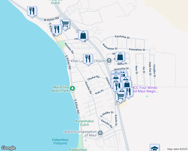 map of restaurants, bars, coffee shops, grocery stores, and more near 135 Ohukai Road in Kihei
