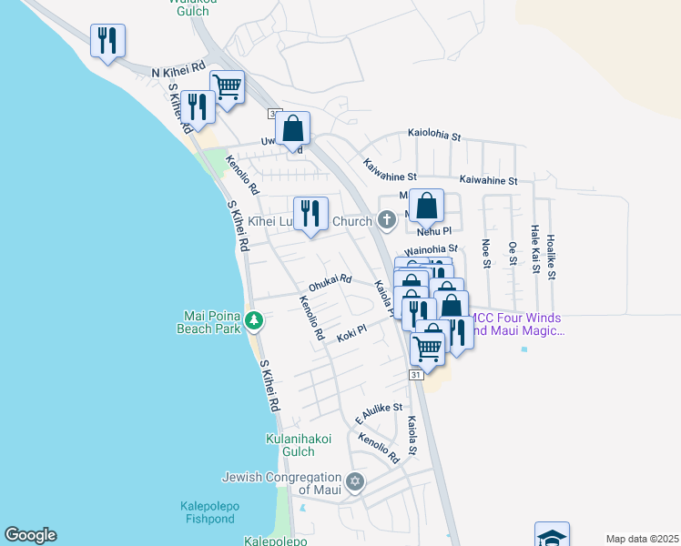 map of restaurants, bars, coffee shops, grocery stores, and more near 145 Ohukai Road in Kihei