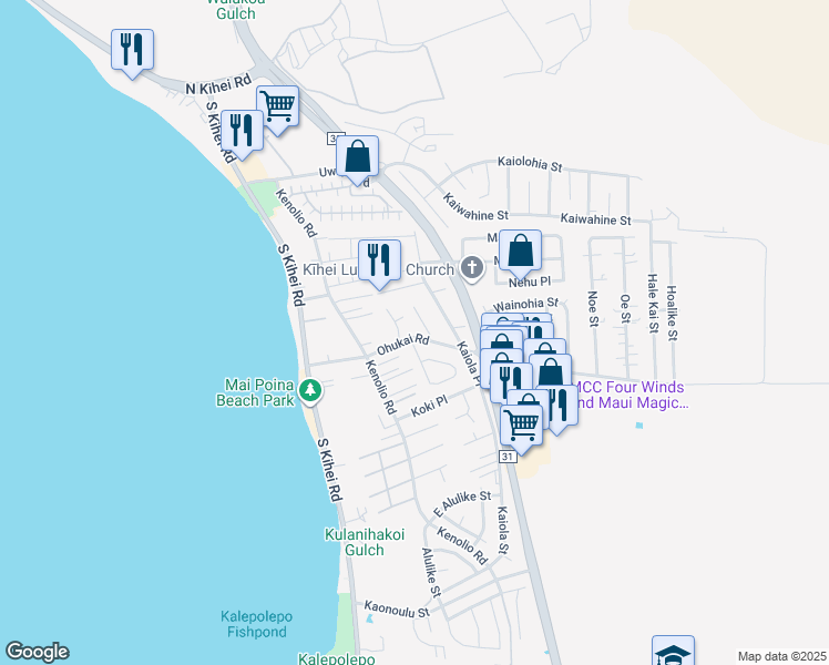 map of restaurants, bars, coffee shops, grocery stores, and more near 145 Ohukai Road in Kihei