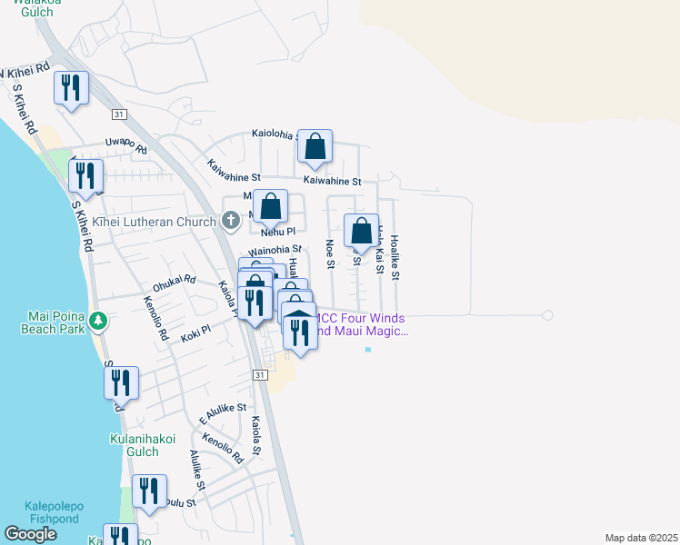 map of restaurants, bars, coffee shops, grocery stores, and more near 284 Oe Street in Kihei