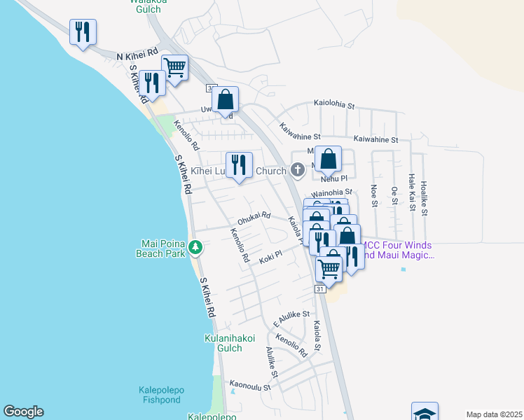 map of restaurants, bars, coffee shops, grocery stores, and more near 145 Ohukai Road in Kihei