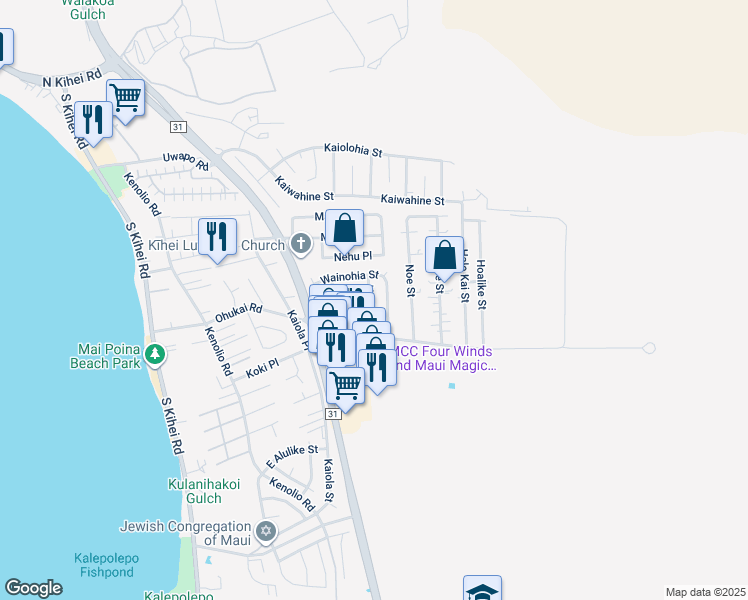 map of restaurants, bars, coffee shops, grocery stores, and more near 303 Huaka Street in Kihei