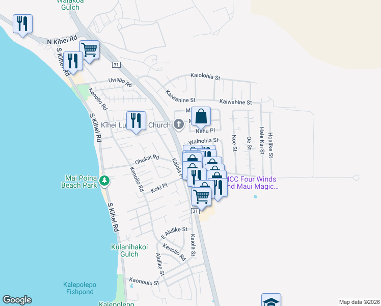 map of restaurants, bars, coffee shops, grocery stores, and more near 261 Palanehe Street in Kihei