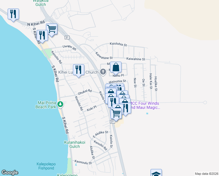 map of restaurants, bars, coffee shops, grocery stores, and more near 261 Palanehe Street in Kihei