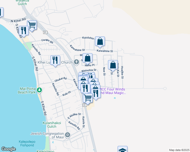 map of restaurants, bars, coffee shops, grocery stores, and more near 303 Huaka Street in Kihei