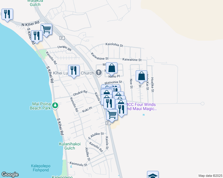 map of restaurants, bars, coffee shops, grocery stores, and more near 283 Wikani Street in Kihei