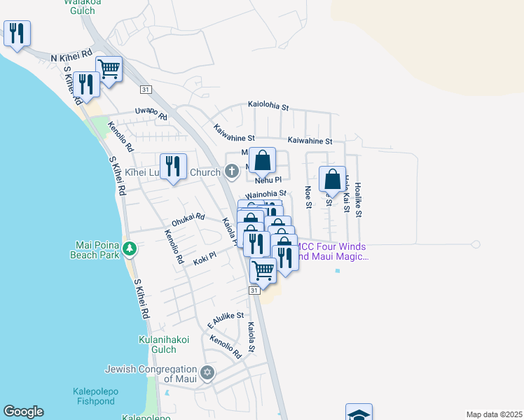 map of restaurants, bars, coffee shops, grocery stores, and more near 283 Wikani Street in Kihei