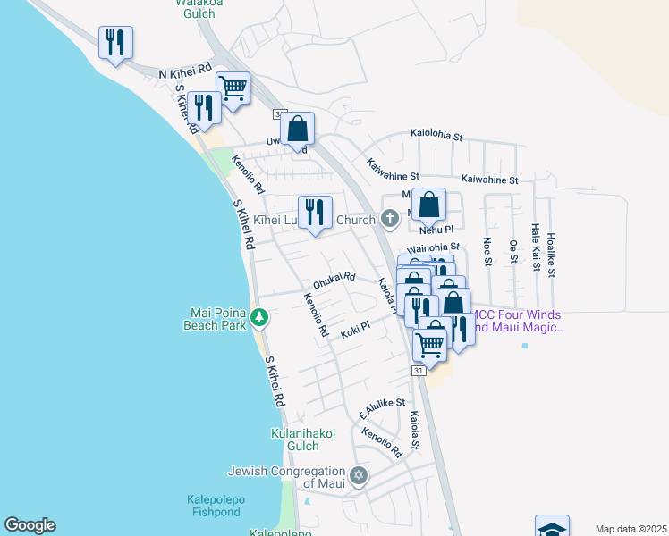 map of restaurants, bars, coffee shops, grocery stores, and more near 299 Olani Place in Kihei