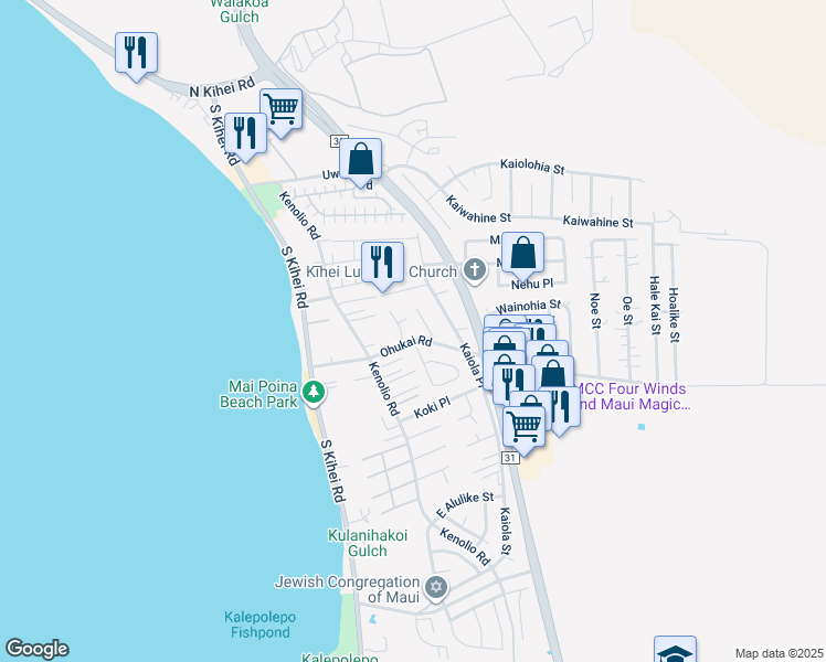 map of restaurants, bars, coffee shops, grocery stores, and more near 141 Ohukai Road in Kihei