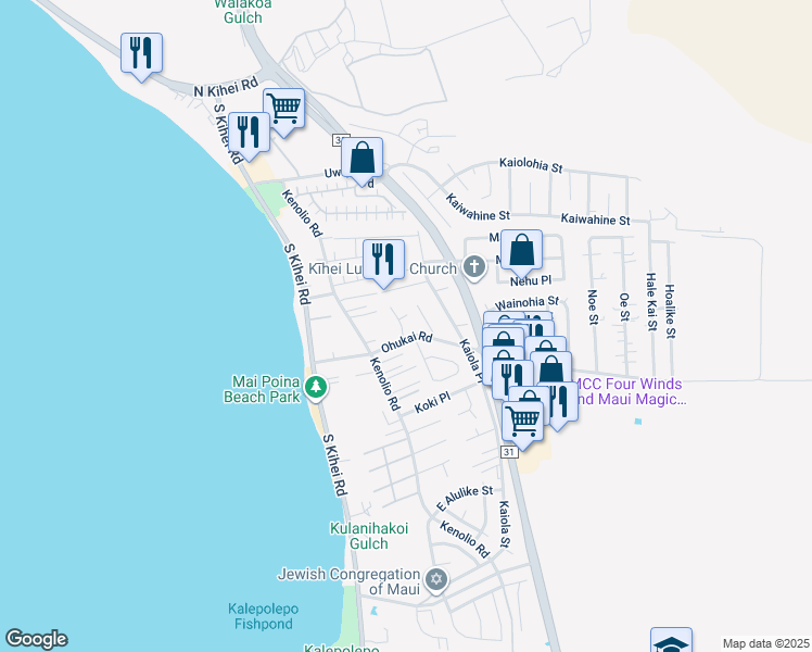 map of restaurants, bars, coffee shops, grocery stores, and more near 299 Olani Place in Kihei
