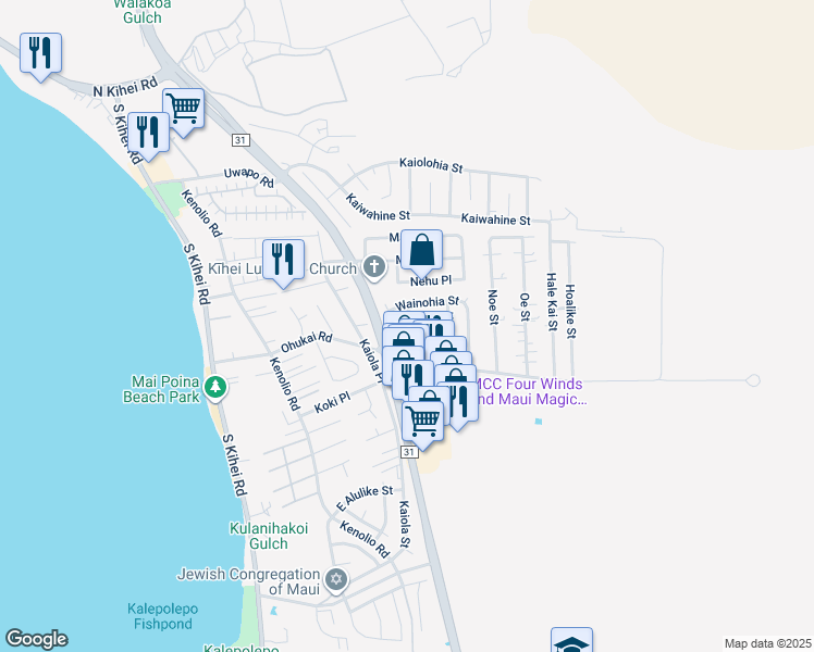 map of restaurants, bars, coffee shops, grocery stores, and more near 290 Ahaiki Street in Kihei