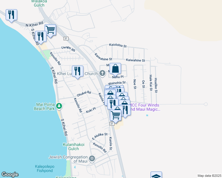 map of restaurants, bars, coffee shops, grocery stores, and more near 290 Ahaiki Street in Kihei