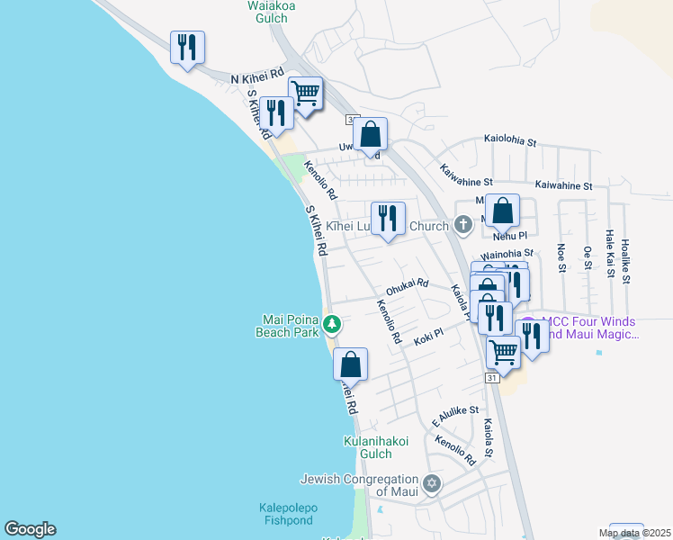 map of restaurants, bars, coffee shops, grocery stores, and more near 16 Nanialii Place in Kihei