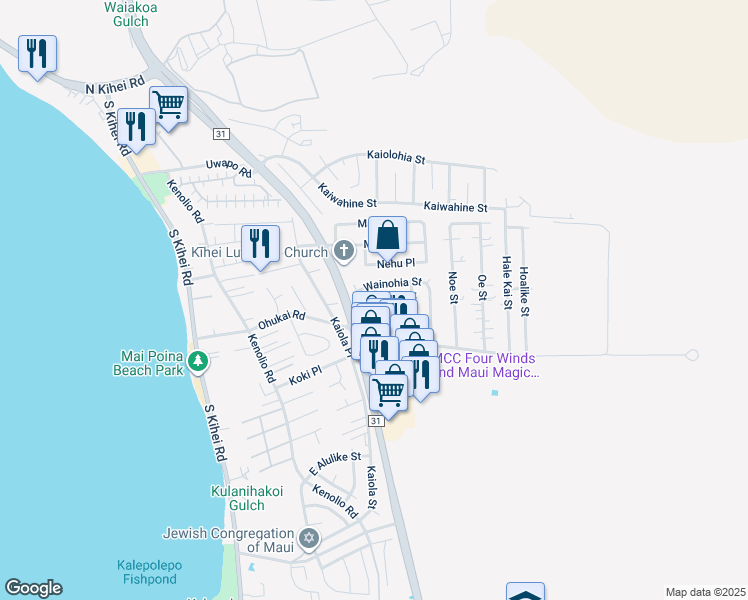 map of restaurants, bars, coffee shops, grocery stores, and more near 284 Ahaiki Street in Kihei