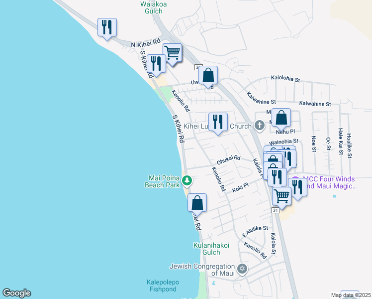 map of restaurants, bars, coffee shops, grocery stores, and more near 30 Nanialii Place in Kihei