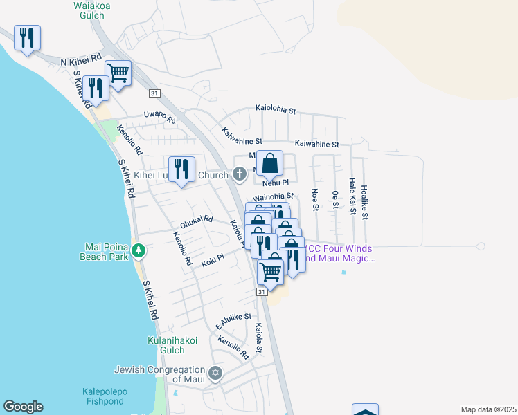 map of restaurants, bars, coffee shops, grocery stores, and more near 284 Ahaiki Street in Kihei