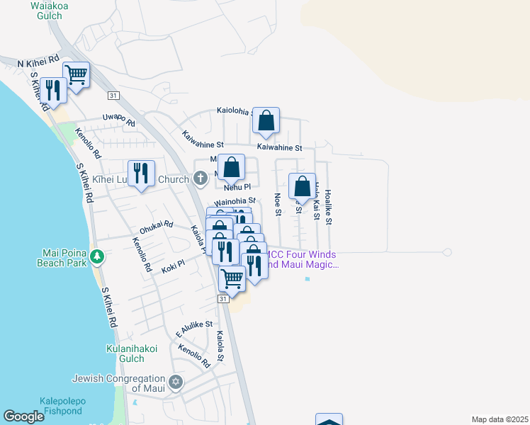 map of restaurants, bars, coffee shops, grocery stores, and more near 315 Wainohia Street in Kihei