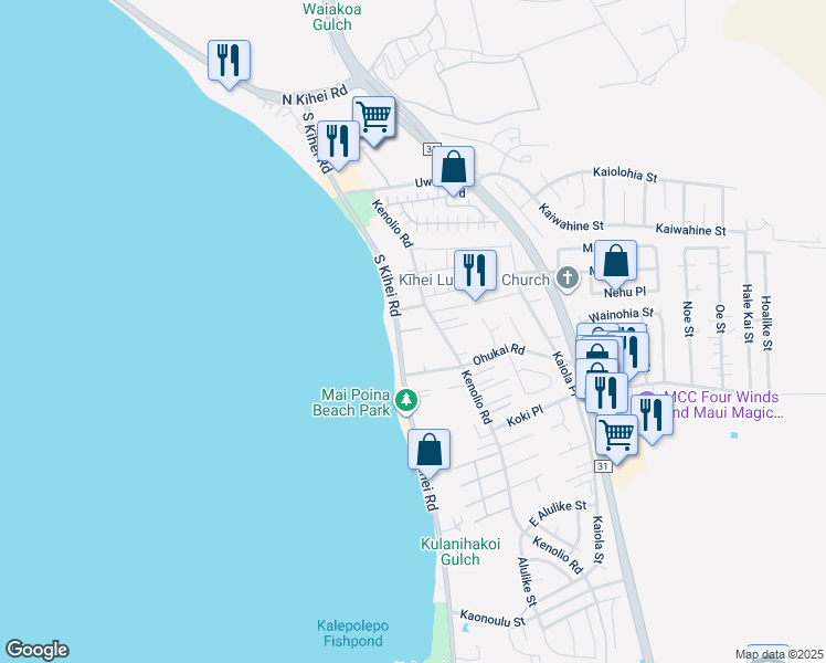 map of restaurants, bars, coffee shops, grocery stores, and more near 265 South Kihei Road in Kihei